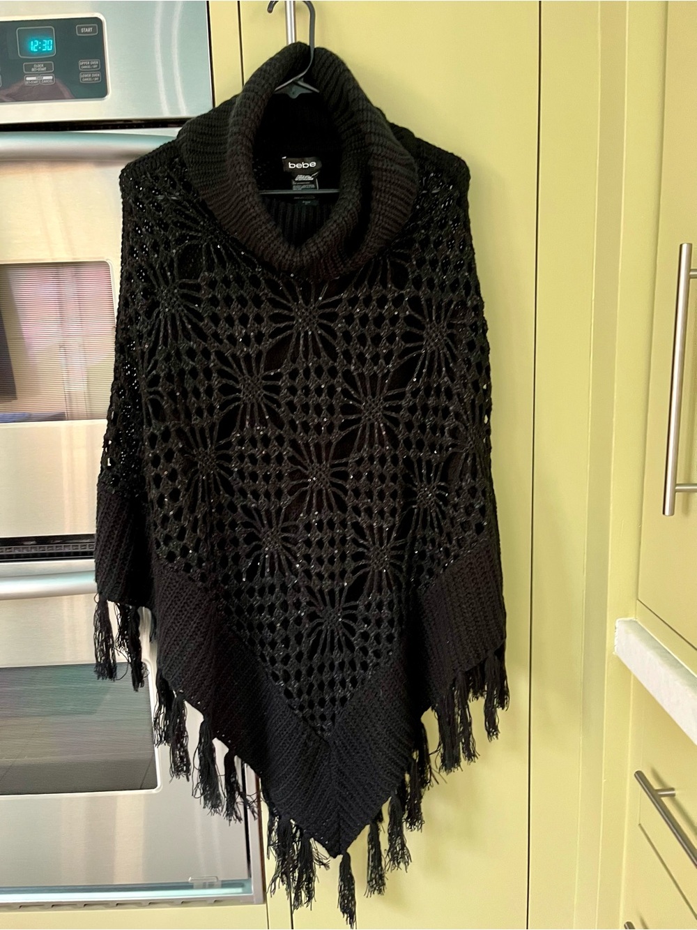 bebe Black Open-Knit Fringe Poncho with Cowl Neck Poncho - Picture 2 of 6
